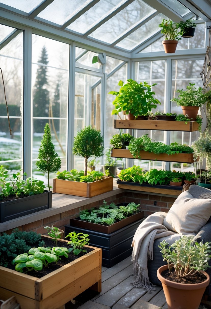 A sunlit winter garden greenhouse filled with green plants, herbs, small fruit trees, raised beds, and a cozy seating area.