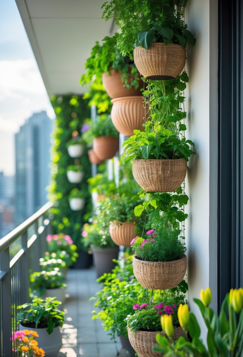 12 Balcony Ideas to Transform Your Outdoor Space Efficiently 3 A balcony decorated with a vertical garden of hanging planters filled with green plants and colorful flowers.