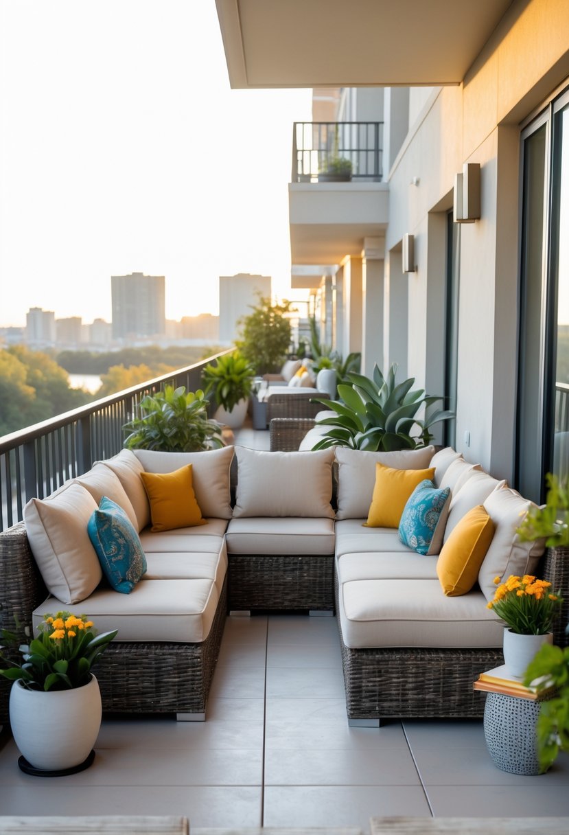 12 Balcony Ideas to Transform Your Outdoor Space Efficiently 5 A balcony with a large wicker sectional sofa, cushions, plants, and a small coffee table under daylight.
