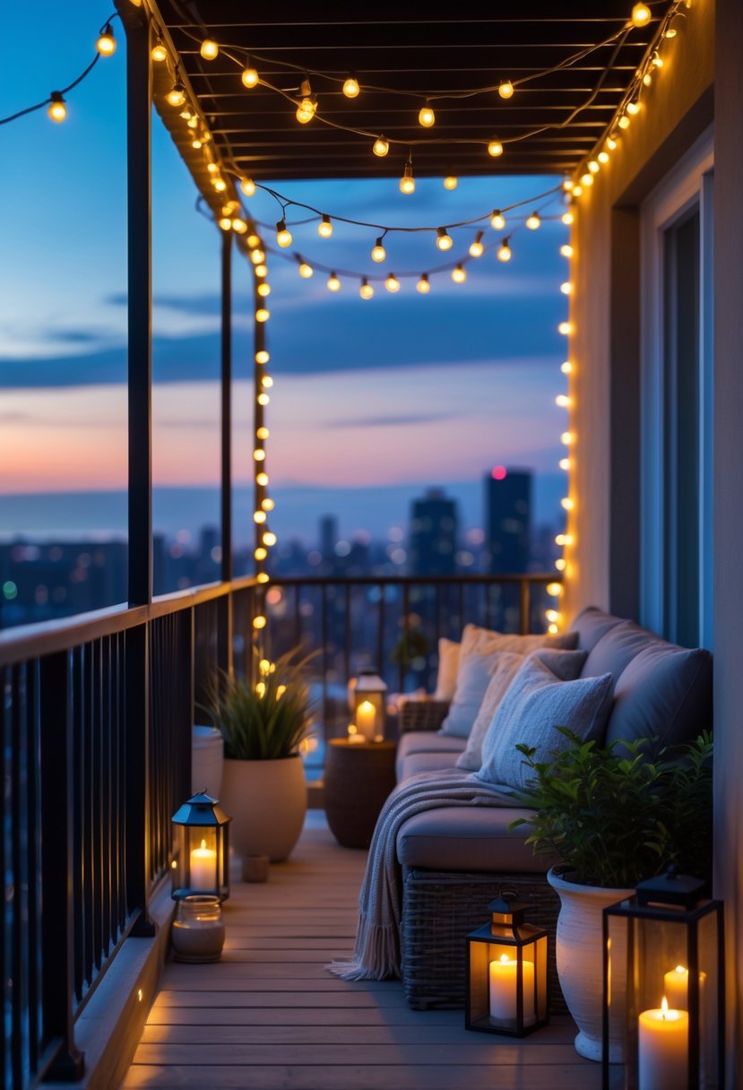 12 Balcony Ideas to Transform Your Outdoor Space Efficiently 6 A balcony at dusk lit by warm string lights with seating, plants, and lanterns, overlooking a city skyline.
