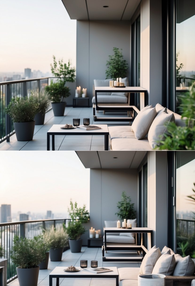 12 Balcony Ideas to Transform Your Outdoor Space Efficiently 7 A balcony with foldable wall-mounted tables in folded and unfolded positions, decorated with plants and outdoor furniture.