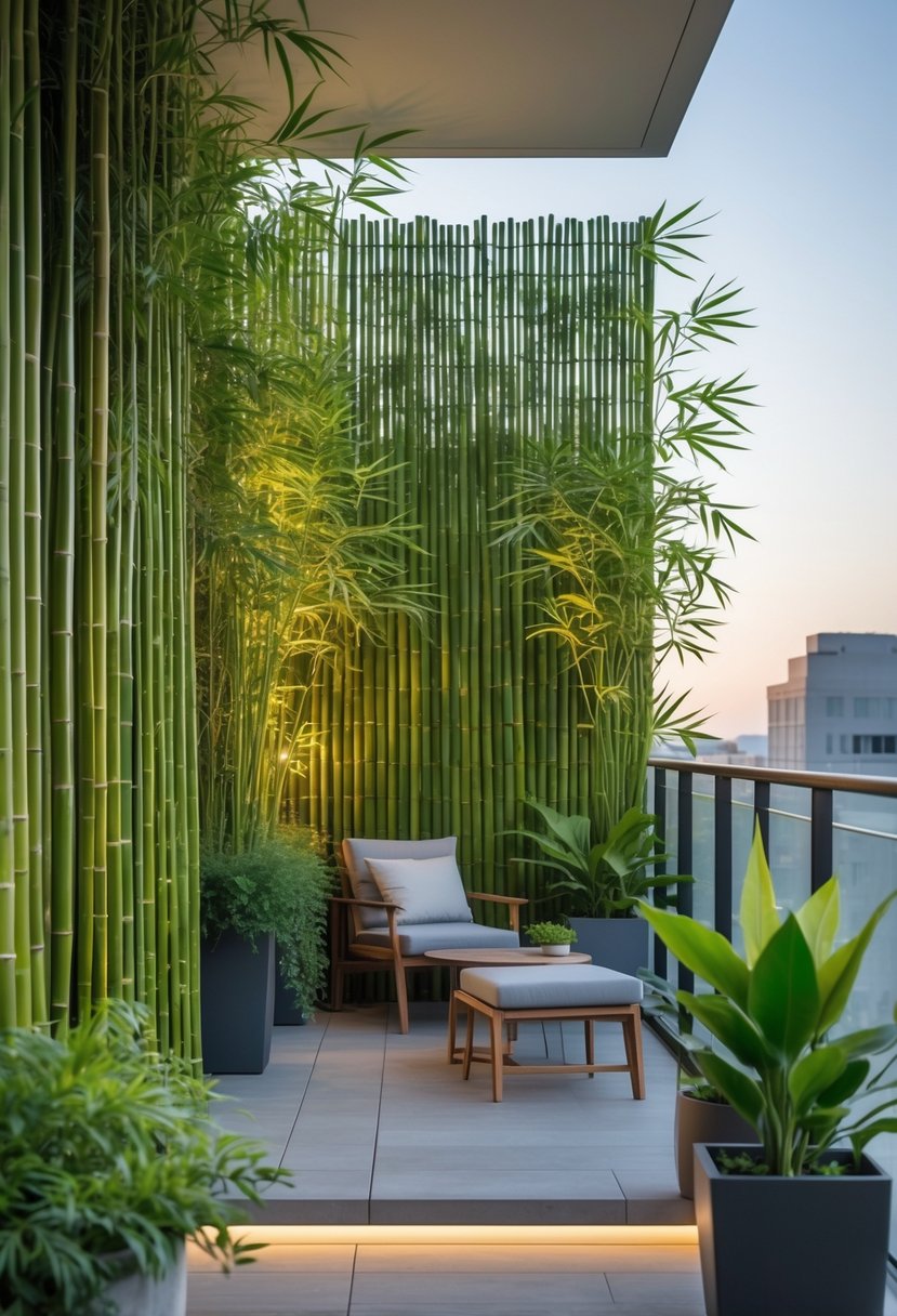 12 Balcony Ideas to Transform Your Outdoor Space Efficiently 9 Balcony with tall bamboo privacy screen, outdoor furniture, and potted plants under natural daylight.