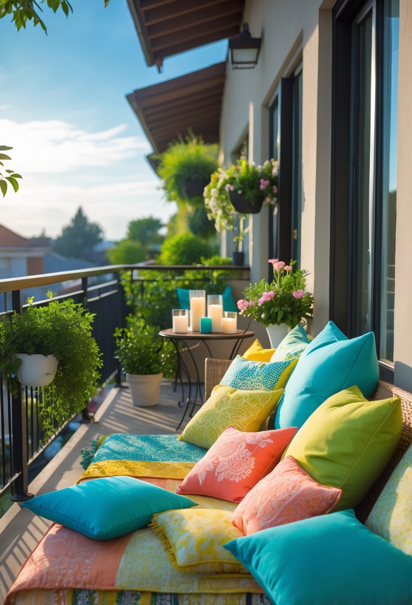 12 Balcony Ideas to Transform Your Outdoor Space Efficiently 11 A balcony with colorful cushions and throws on seating, surrounded by green plants and a small table with decorative items.
