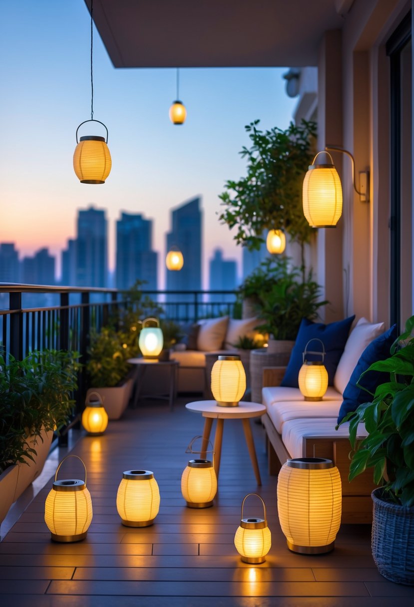 12 Balcony Ideas to Transform Your Outdoor Space Efficiently 12 A balcony at dusk with twelve different solar-powered lanterns illuminating the space, surrounded by plants and seating areas.