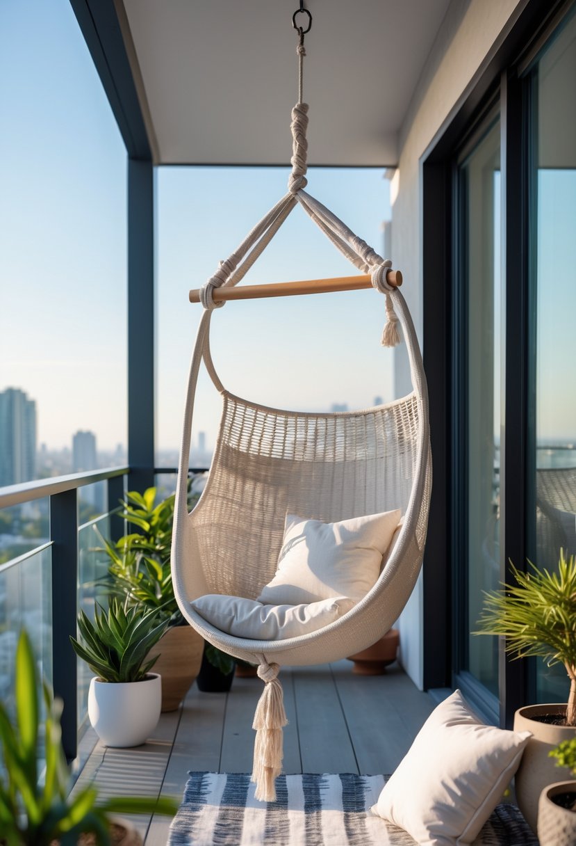 12 Balcony Ideas to Transform Your Outdoor Space Efficiently 13 A compact hammock chair hanging on a balcony with plants and cityscape in the background.