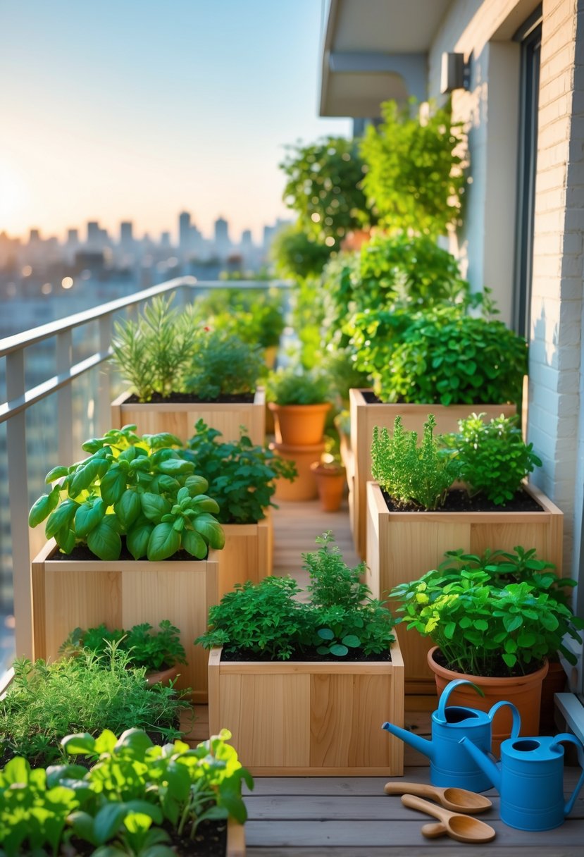 12 Balcony Ideas to Transform Your Outdoor Space Efficiently 14 A balcony with twelve raised wooden planter boxes filled with various fresh herbs, overlooking a cityscape on a sunny day.