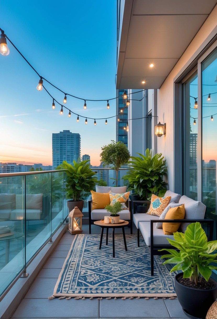 12 Balcony Ideas to Transform Your Outdoor Space Efficiently 15 A modern balcony with outdoor seating, plants, string lights, and a cityscape in the background.