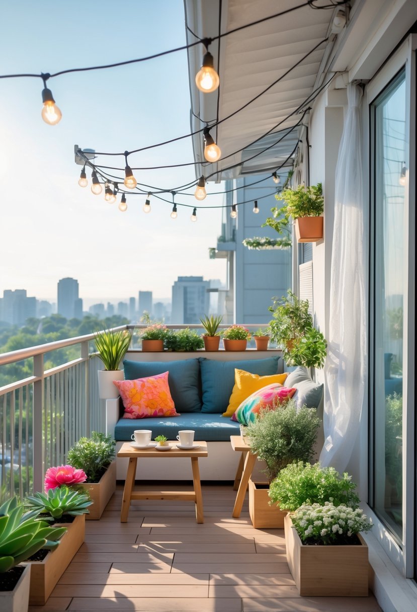 18 Small Apartment Balcony Decor Tricks That Create Massive Impact 2 A small apartment balcony with cozy seating, plants, a small table, and string lights overlooking a cityscape.