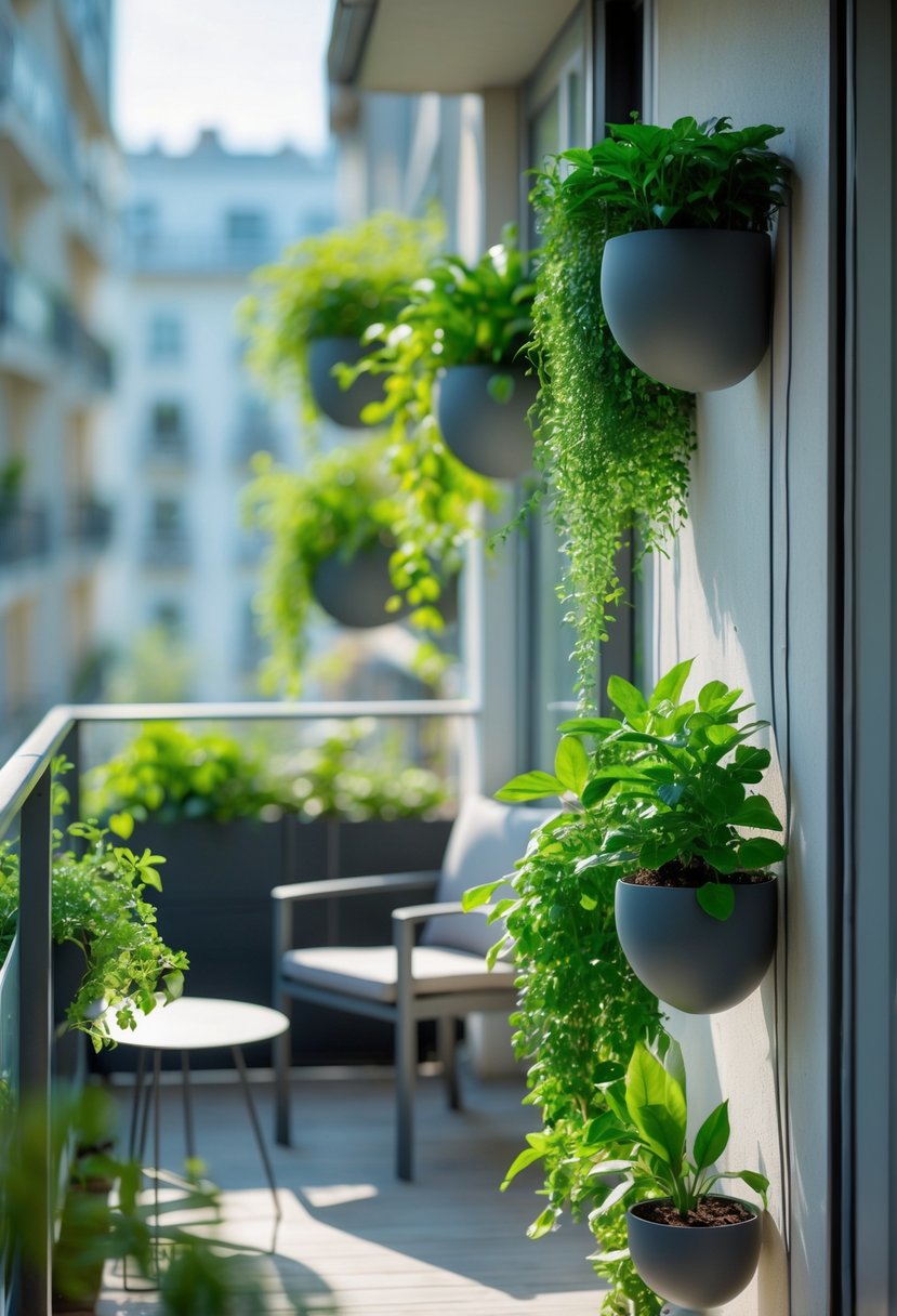 18 Small Apartment Balcony Decor Tricks That Create Massive Impact 3 Small apartment balcony with a vertical garden of hanging planters filled with green plants and a small seating area.
