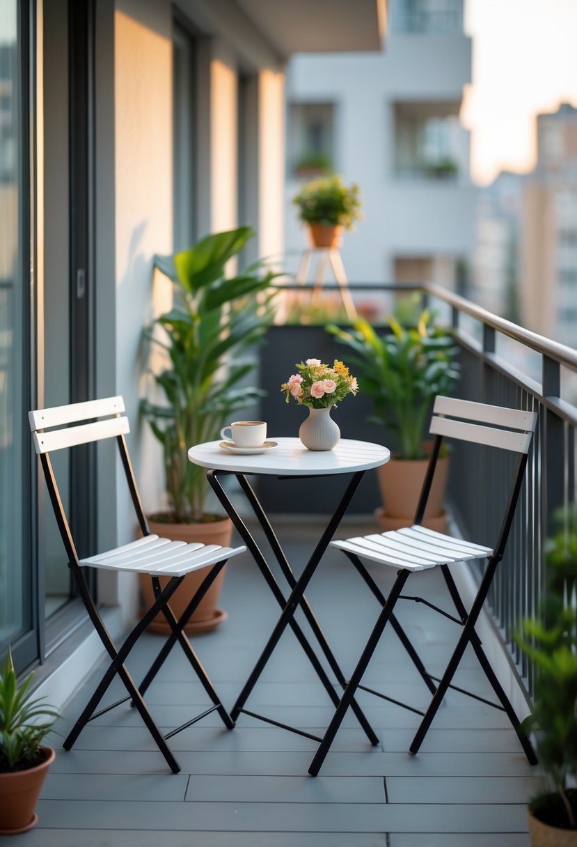 18 Small Apartment Balcony Decor Tricks That Create Massive Impact 4 Small apartment balcony with a foldable bistro table and two foldable chairs, decorated with plants and a coffee cup on the table.