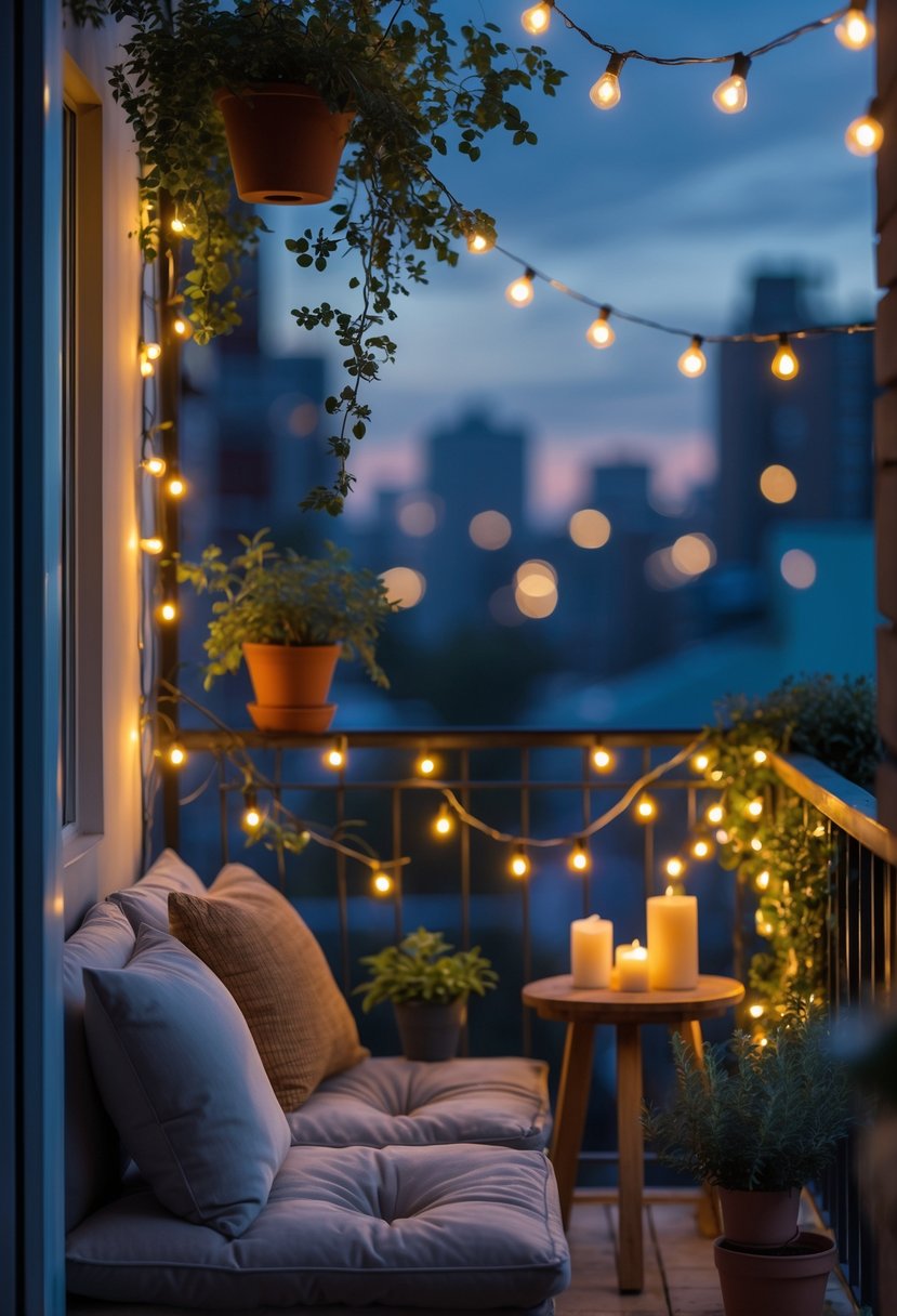 18 Small Apartment Balcony Decor Tricks That Create Massive Impact 5 Small apartment balcony with string lights, plants, and cozy seating at dusk.