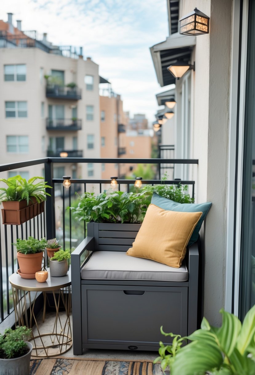 18 Small Apartment Balcony Decor Tricks That Create Massive Impact 6 A small apartment balcony with a compact outdoor storage bench, potted plants, and a cityscape in the background.