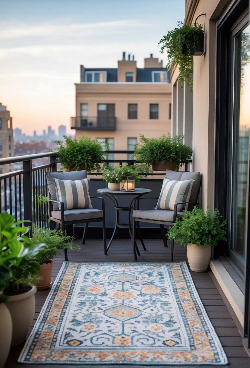 18 Small Apartment Balcony Decor Tricks That Create Massive Impact 8 Small apartment balcony with a weatherproof outdoor rug, outdoor furniture, and potted plants overlooking a cityscape.