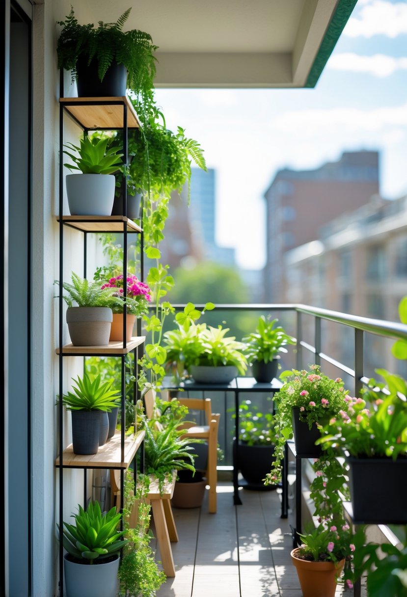 18 Small Apartment Balcony Decor Tricks That Create Massive Impact 9 A small apartment balcony with multi-level plant stands holding various green plants and flowers in pots.