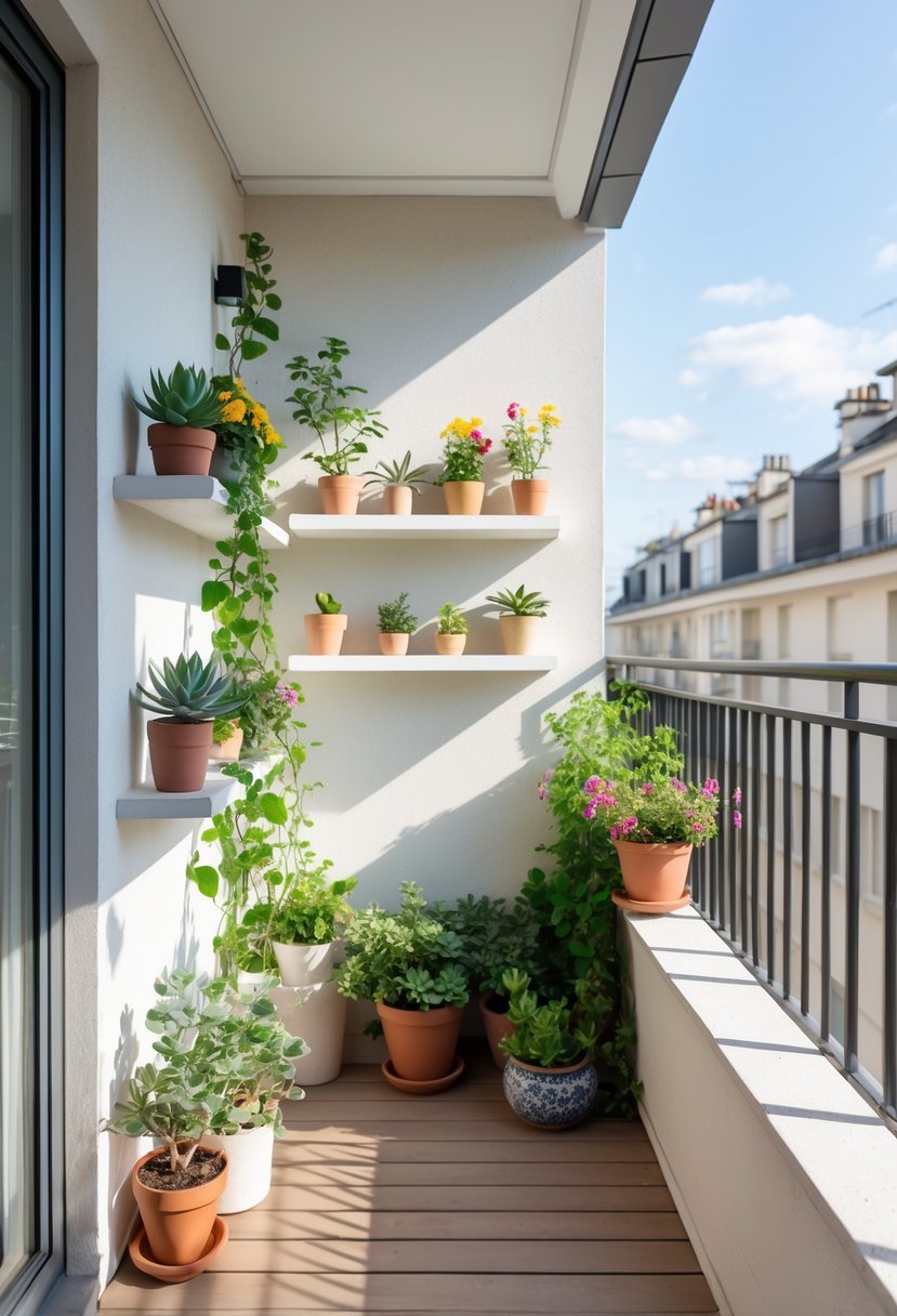 18 Small Apartment Balcony Decor Tricks That Create Massive Impact 11 Small apartment balcony with wall shelves holding plants and decorative items, bathed in natural sunlight.