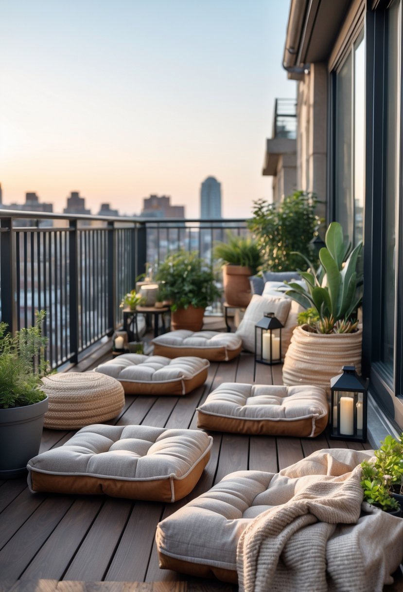 18 Small Apartment Balcony Decor Tricks That Create Massive Impact 12 Small apartment balcony with cushioned floor poufs, plants, and a city view in the background.