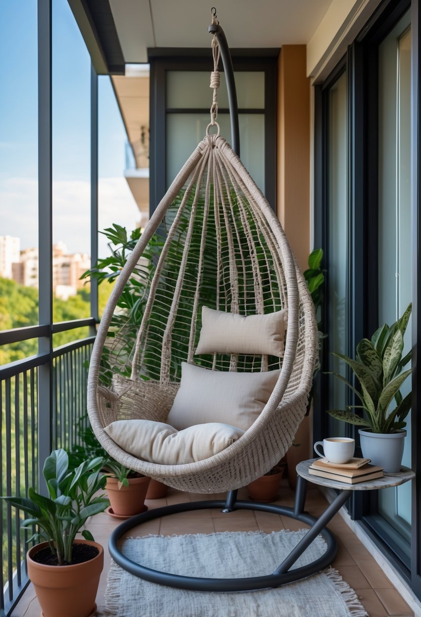 18 Small Apartment Balcony Decor Tricks That Create Massive Impact 13 A small apartment balcony with a compact hammock chair, potted plants, and a small table with a cup and book.