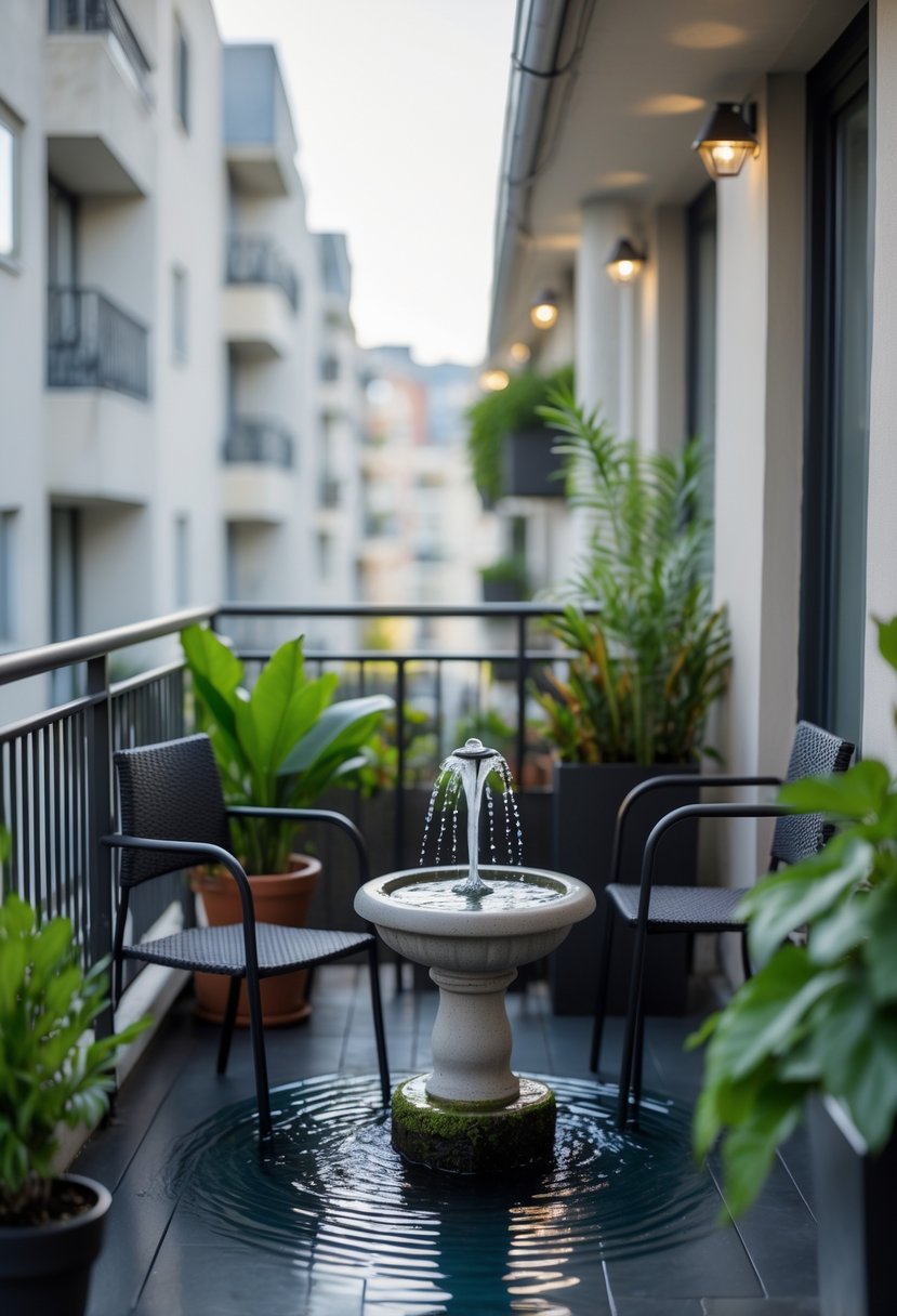 18 Small Apartment Balcony Decor Tricks That Create Massive Impact 14 Small apartment balcony with a miniature water fountain surrounded by plants and outdoor furniture.