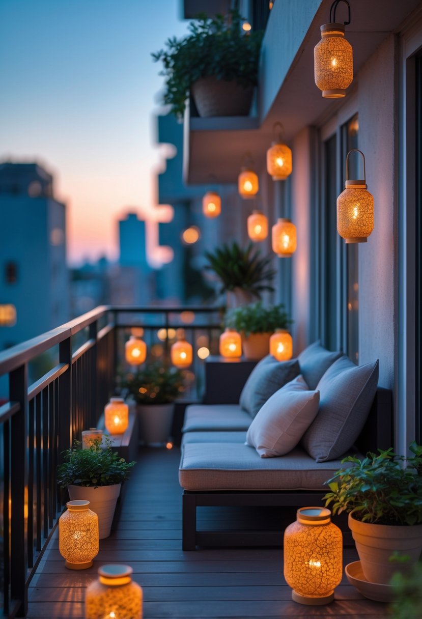 18 Small Apartment Balcony Decor Tricks That Create Massive Impact 15 Small apartment balcony decorated with outdoor lanterns, plants, and cozy seating during evening.
