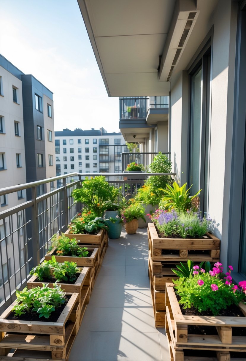 18 Small Apartment Balcony Decor Tricks That Create Massive Impact 17 A small apartment balcony with handmade pallet wood planter boxes filled with green plants and colorful flowers.