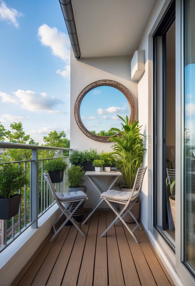 18 Small Apartment Balcony Decor Tricks That Create Massive Impact 18 Small apartment balcony with outdoor furniture, potted plants, and a large mirror reflecting the sky and greenery.