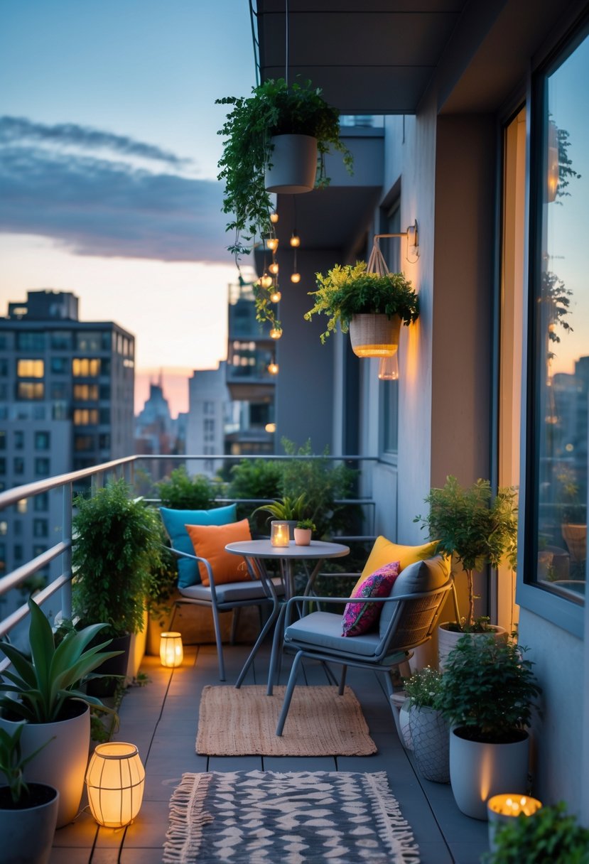 18 Small Apartment Balcony Decor Tricks That Create Massive Impact 21 A small apartment balcony with seating, plants, and city buildings in the background.