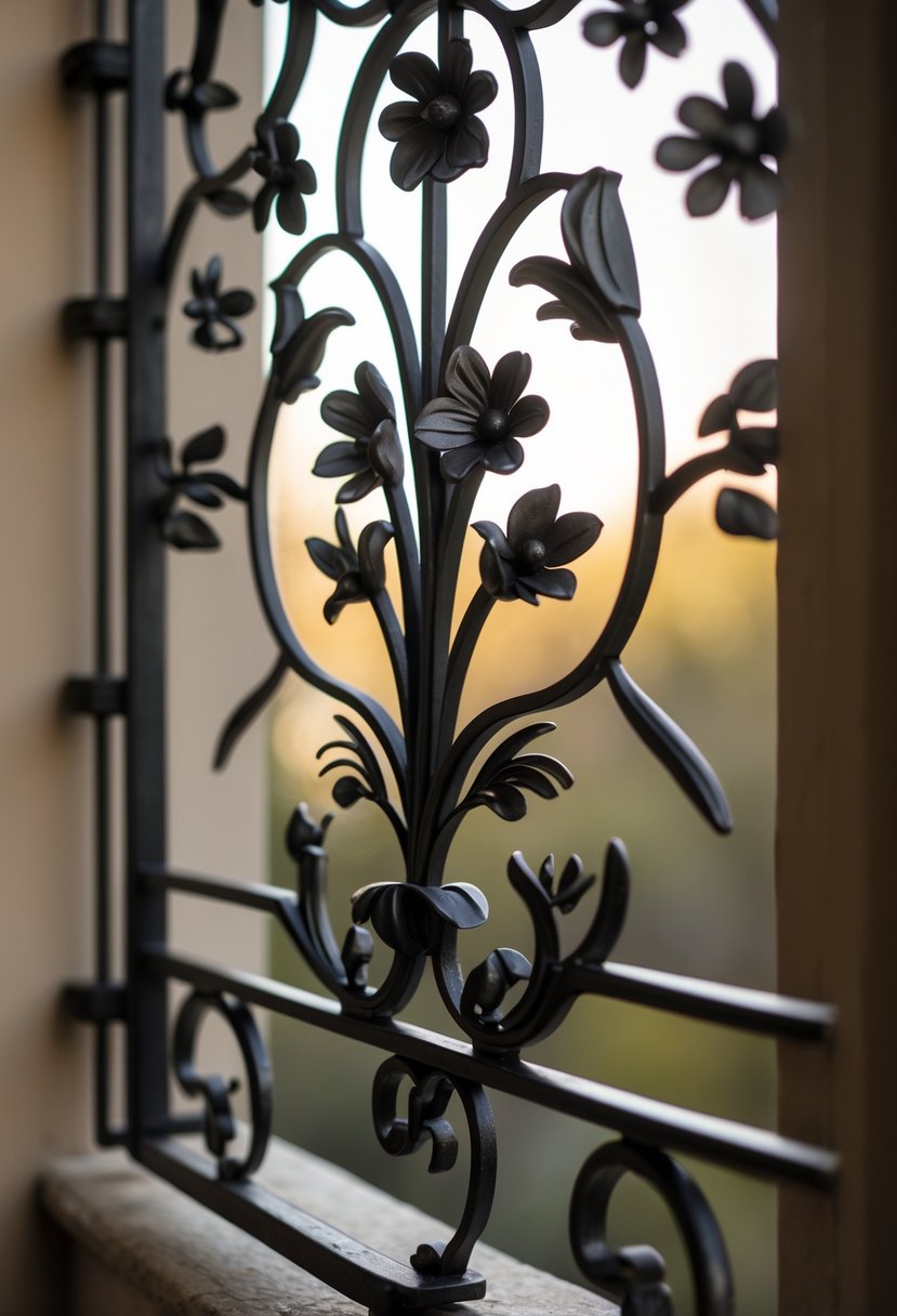 16 Unique Balcony Grill Designs You’ve Never Seen Before! 3 Close-up view of a wrought iron balcony grill with an intricate floral pattern.