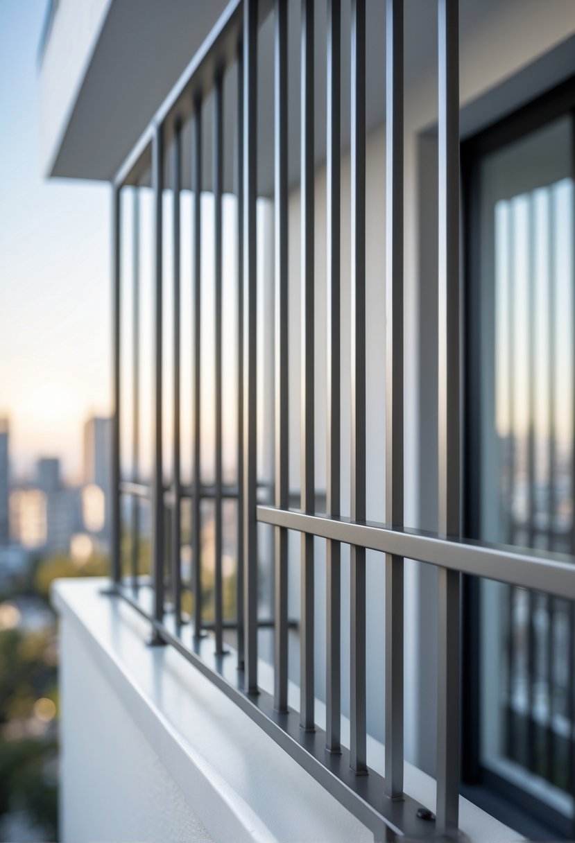 16 Unique Balcony Grill Designs You’ve Never Seen Before! 4 A balcony with a steel grill consisting of 16 vertical bars overlooking a city background.
