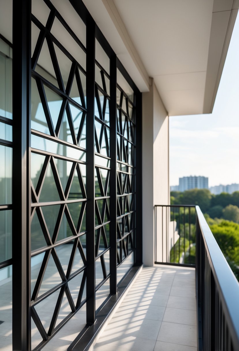 16 Unique Balcony Grill Designs You’ve Never Seen Before! 5 A balcony with a black metal grill featuring a geometric triangular pattern on a modern building.