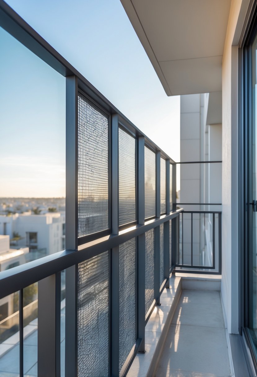 16 Unique Balcony Grill Designs You’ve Never Seen Before! 6 A balcony with a metal mesh safety grill overlooking a cityscape under clear skies.