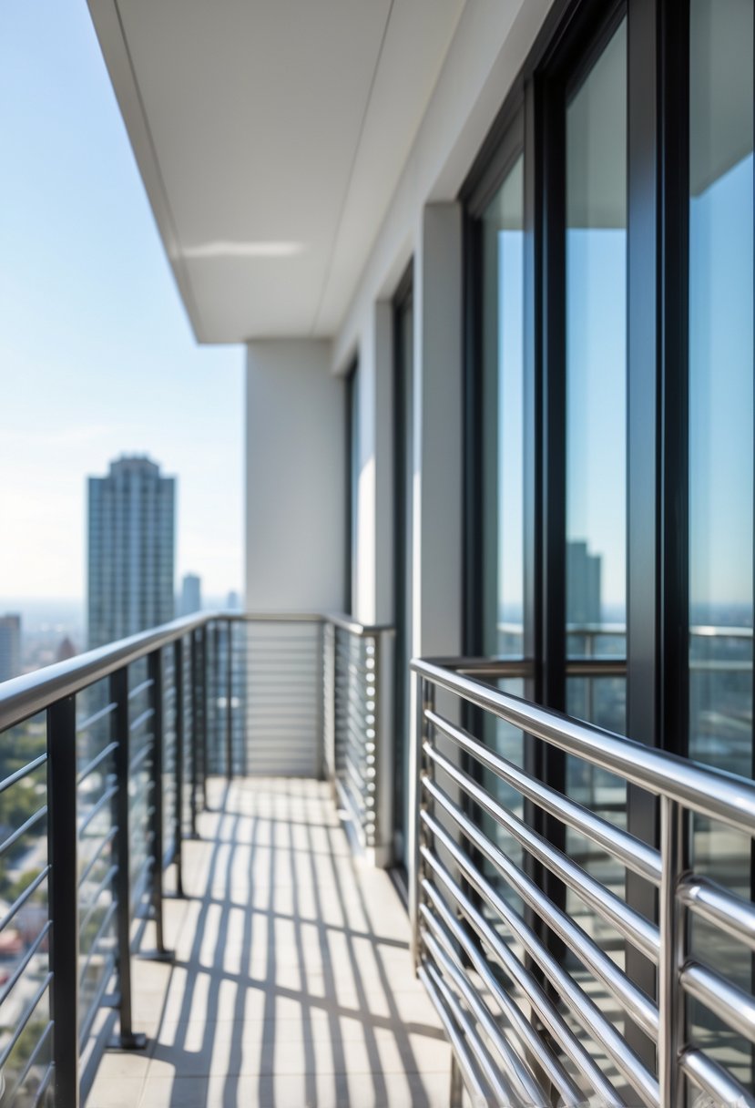 16 Unique Balcony Grill Designs You’ve Never Seen Before! 10 A balcony with horizontal stainless steel rods forming a grill, overlooking a cityscape.