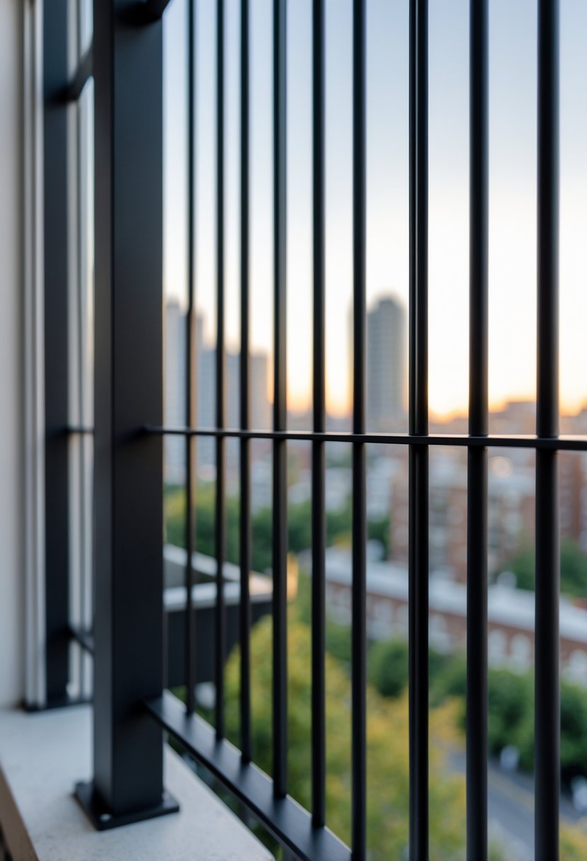 16 Unique Balcony Grill Designs You’ve Never Seen Before! 11 A balcony with a vertical rod metal grill overlooking a cityscape.