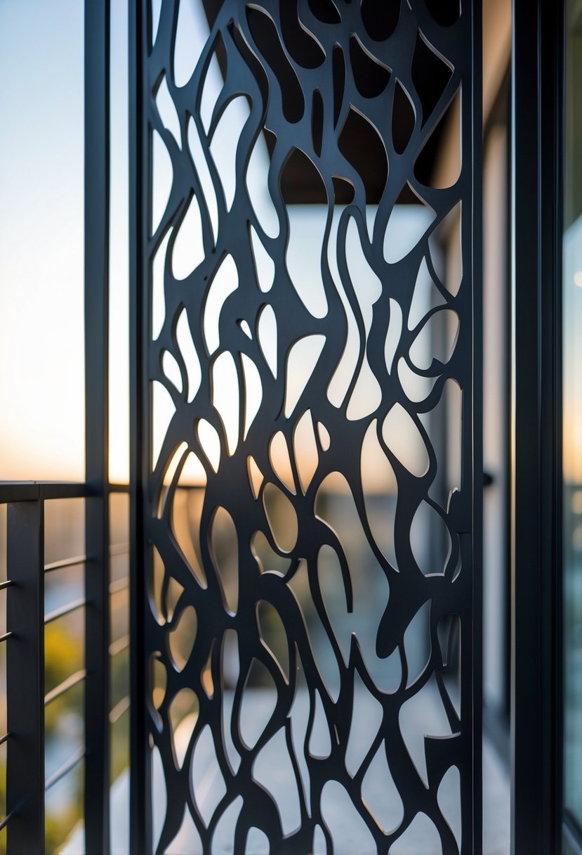 16 Unique Balcony Grill Designs You’ve Never Seen Before! 12 A balcony grill with an intricate laser cut abstract pattern made of dark metal.