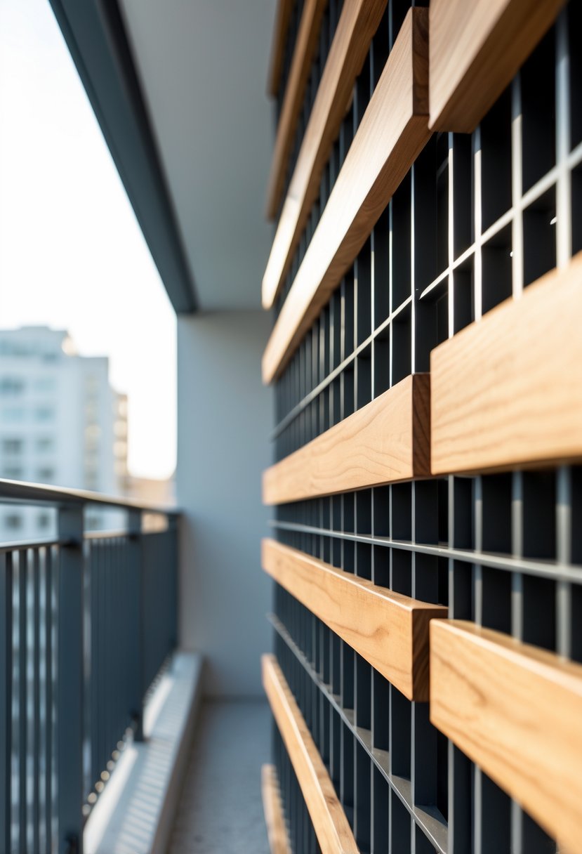16 Unique Balcony Grill Designs You’ve Never Seen Before! 13 A balcony with a mixed material grill combining black metal bars and wooden slats, overlooking an urban area.