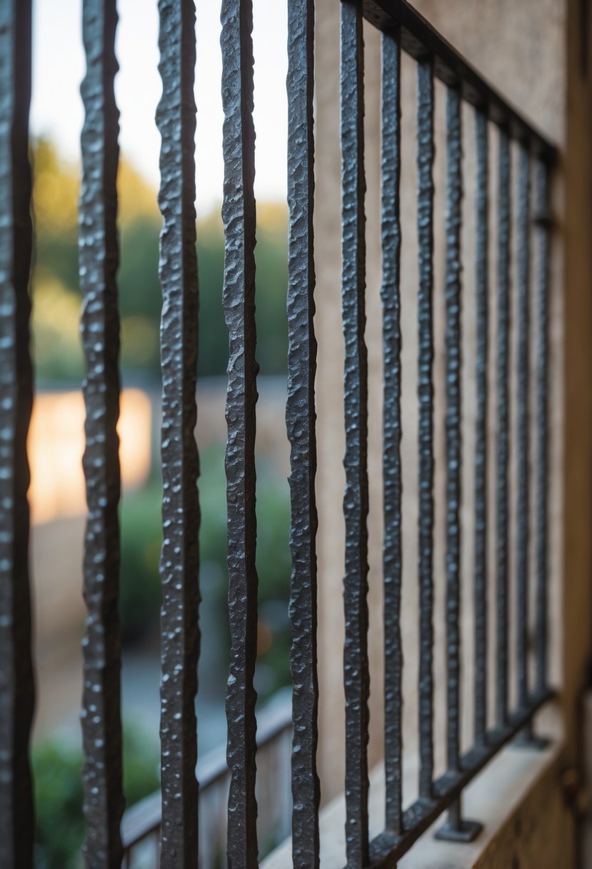 16 Unique Balcony Grill Designs You’ve Never Seen Before! 14 A hammered iron balcony grill with sixteen vertical bars mounted on a balcony railing outdoors.