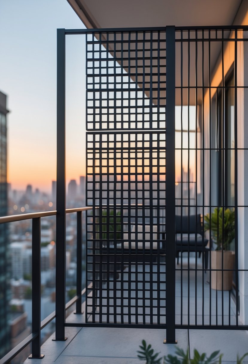 16 Unique Balcony Grill Designs You’ve Never Seen Before! 15 A modular 16-section balcony grill installed on an apartment balcony railing overlooking a cityscape.