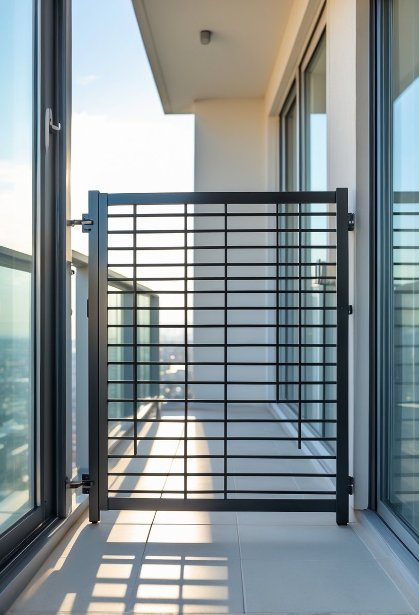 16 Unique Balcony Grill Designs You’ve Never Seen Before! 16 A balcony with a foldable safety grill partially folded, overlooking an urban area.