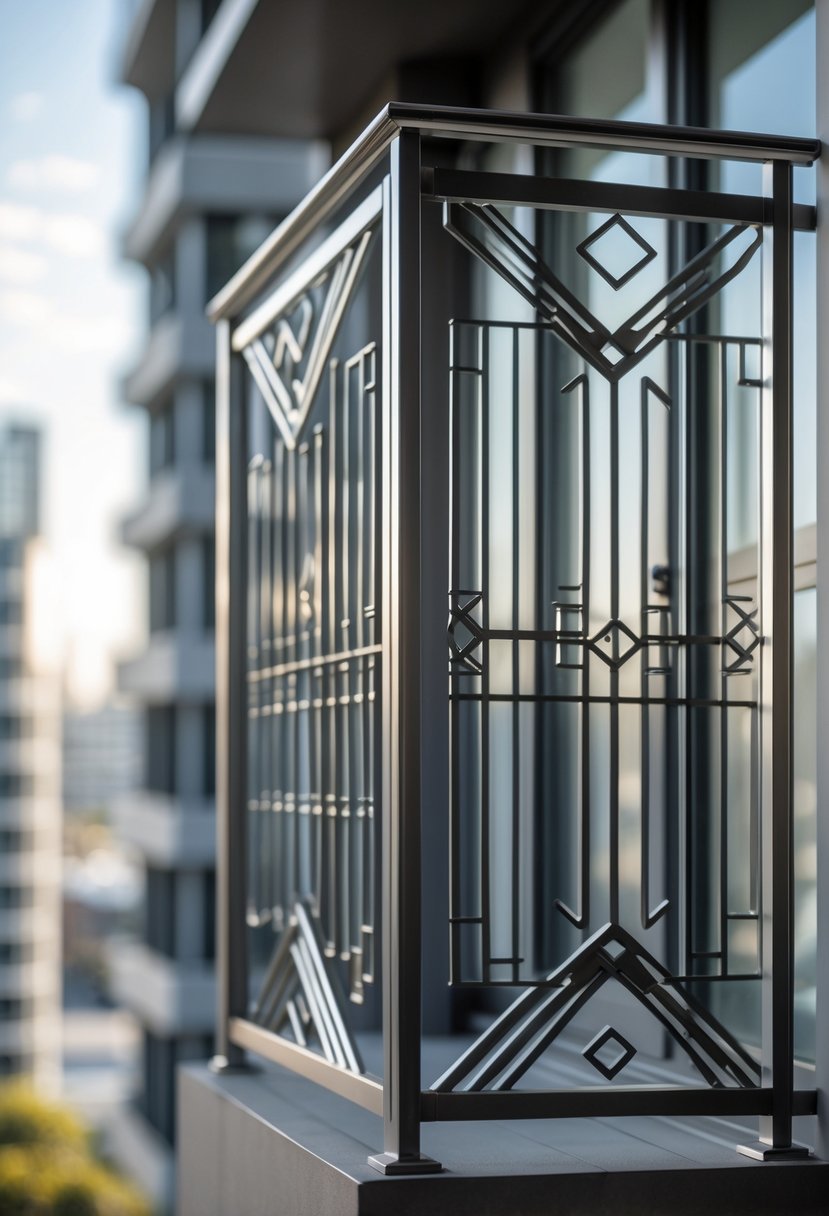 16 Unique Balcony Grill Designs You’ve Never Seen Before! 18 Close-up view of a decorative metal balcony grill with geometric patterns on a building facade.
