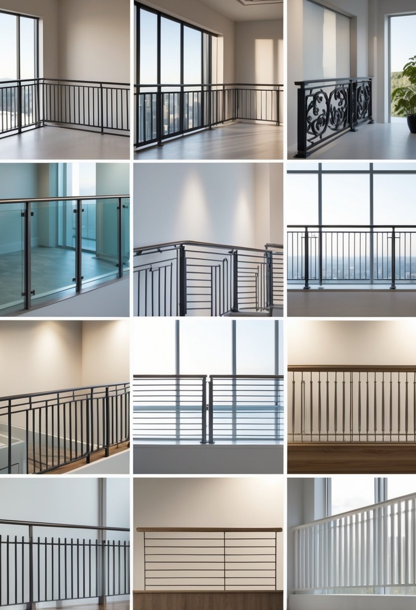 Fourteen different balcony railing designs displayed together in a bright showroom.