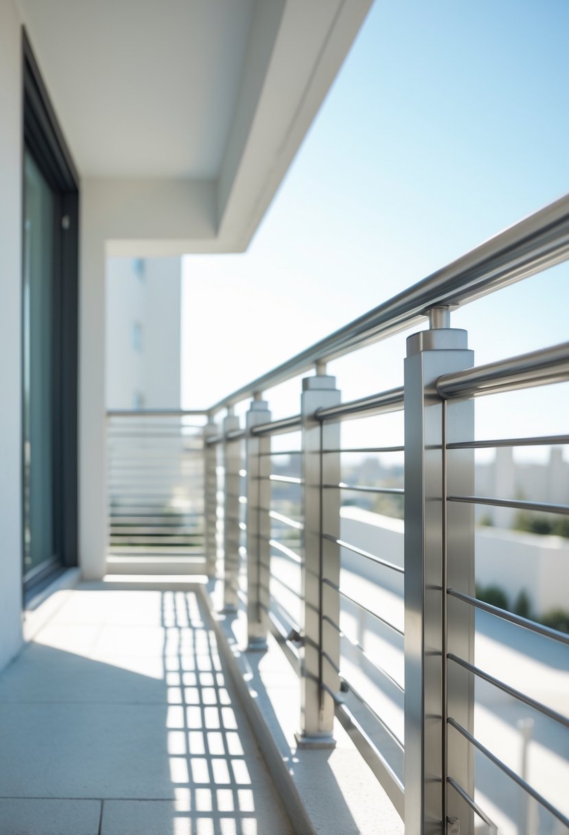 A balcony with a stainless steel railing overlooking an urban area.