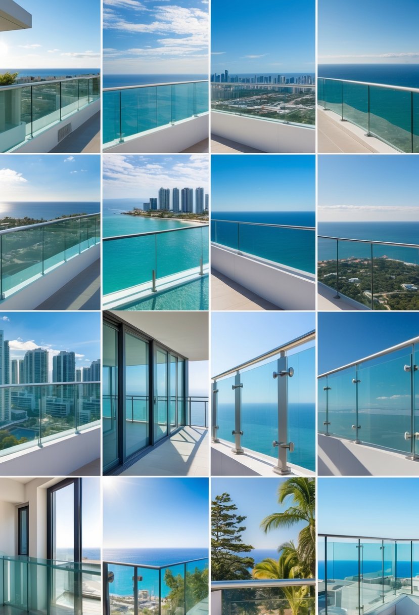 Fourteen different balcony railings featuring clear glass panels that provide unobstructed views of cityscapes, ocean, and greenery.