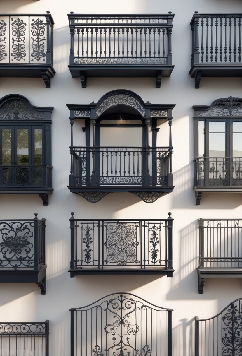 Fourteen different wrought iron balcony railings with decorative patterns displayed outdoors.