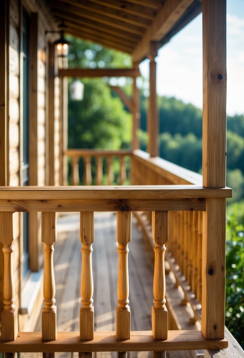 A balcony with wooden railings overlooking a green outdoor area under a clear sky.