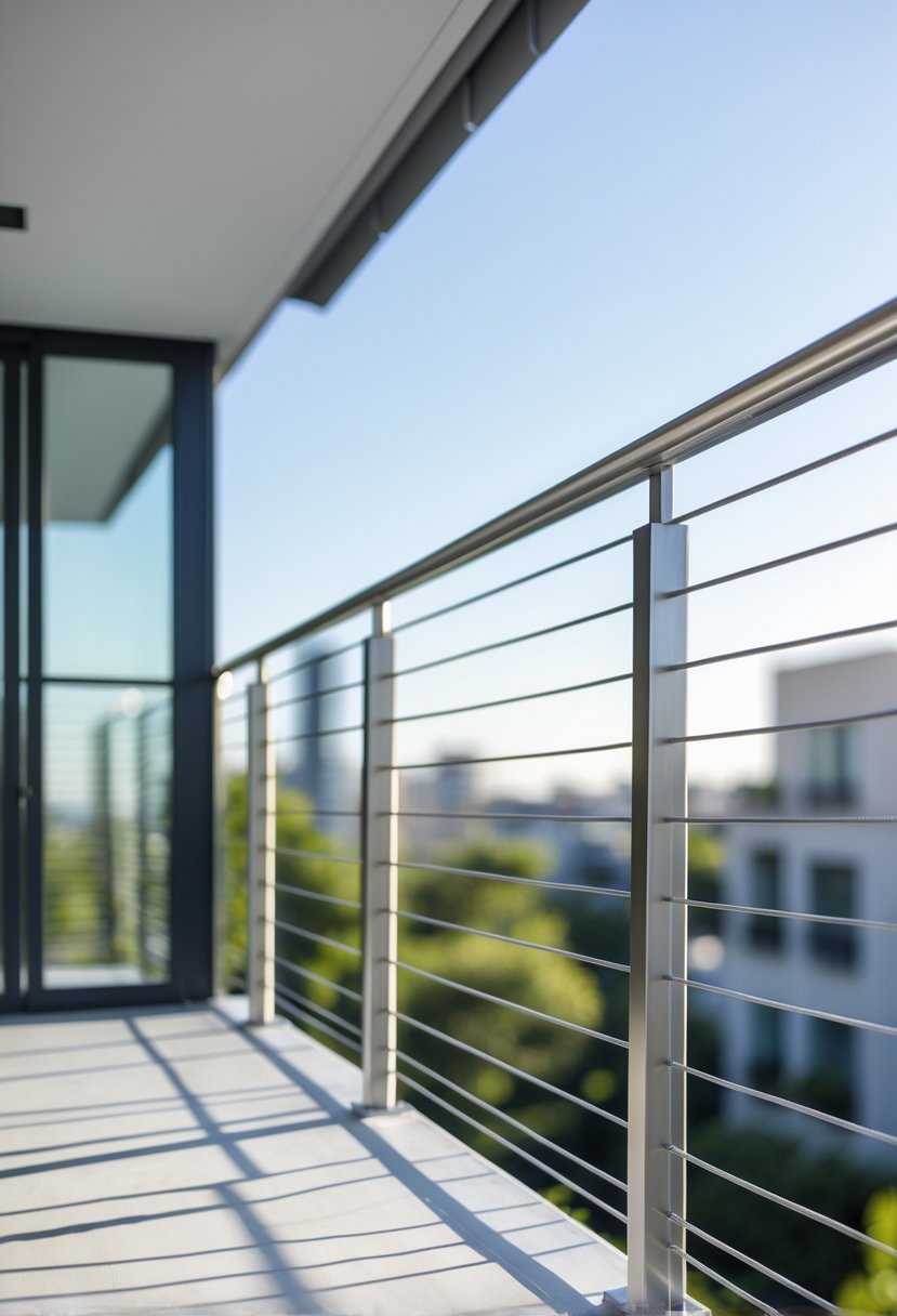 A balcony with stainless steel cable railings overlooking an outdoor area with buildings and trees in the background.