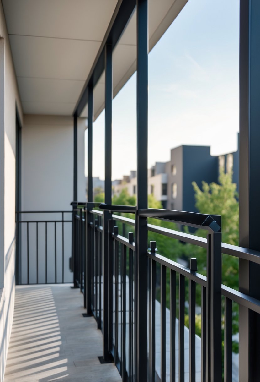 A balcony with black metal railings on a modern building, shown in daylight with an urban background.