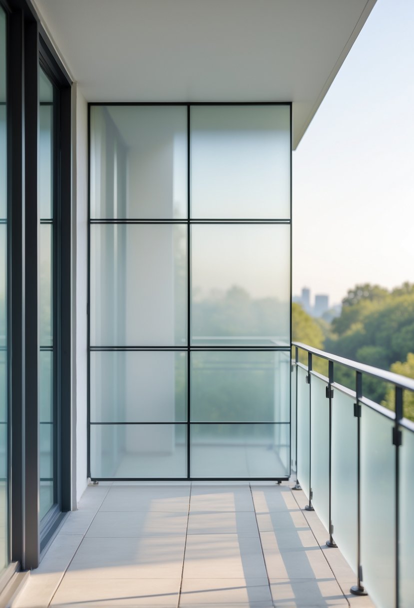 A balcony with fourteen frosted glass railing panels providing privacy, overlooking a blurred cityscape.