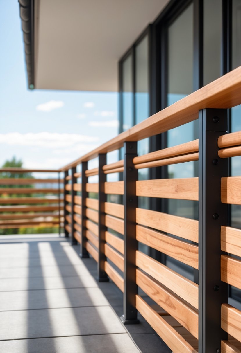 A balcony with horizontal wooden slat railings overlooking an outdoor area.
