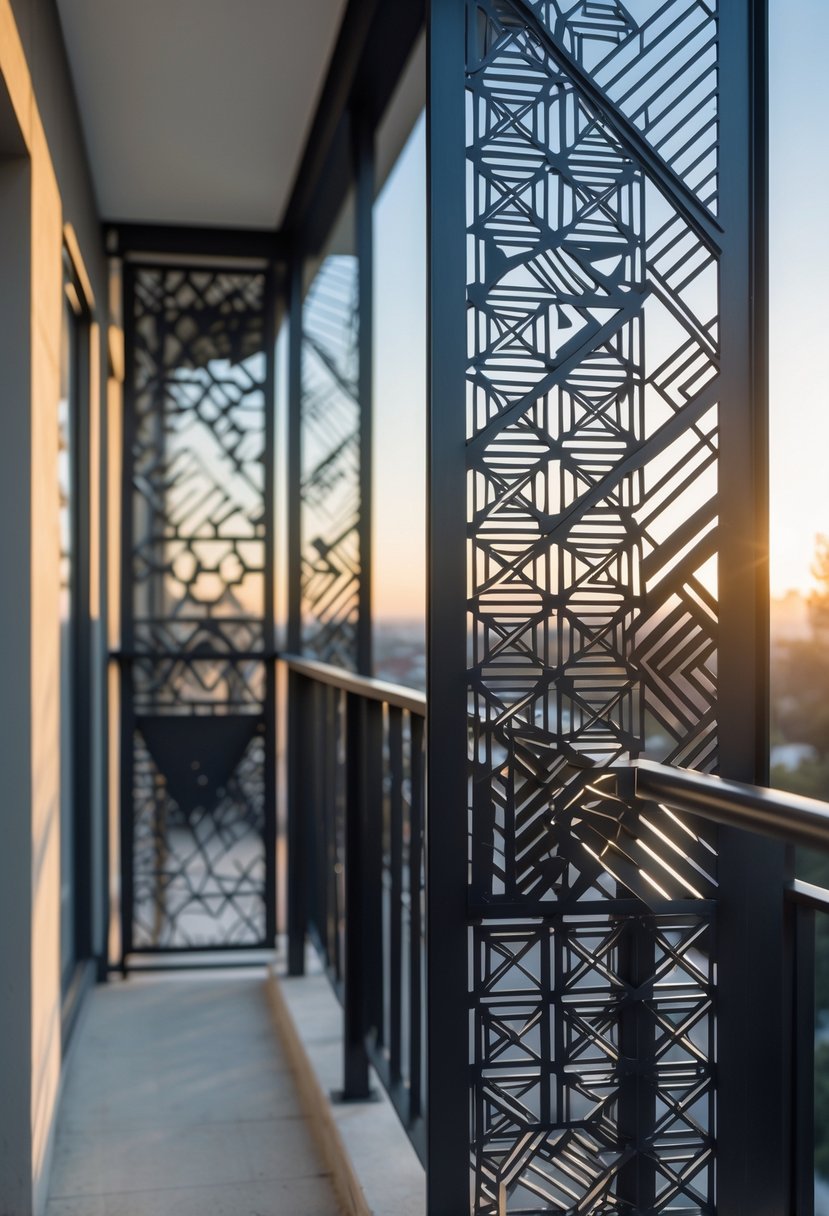 A balcony railing made of metal panels with geometric cut-out patterns, shown outdoors with a blurred background.