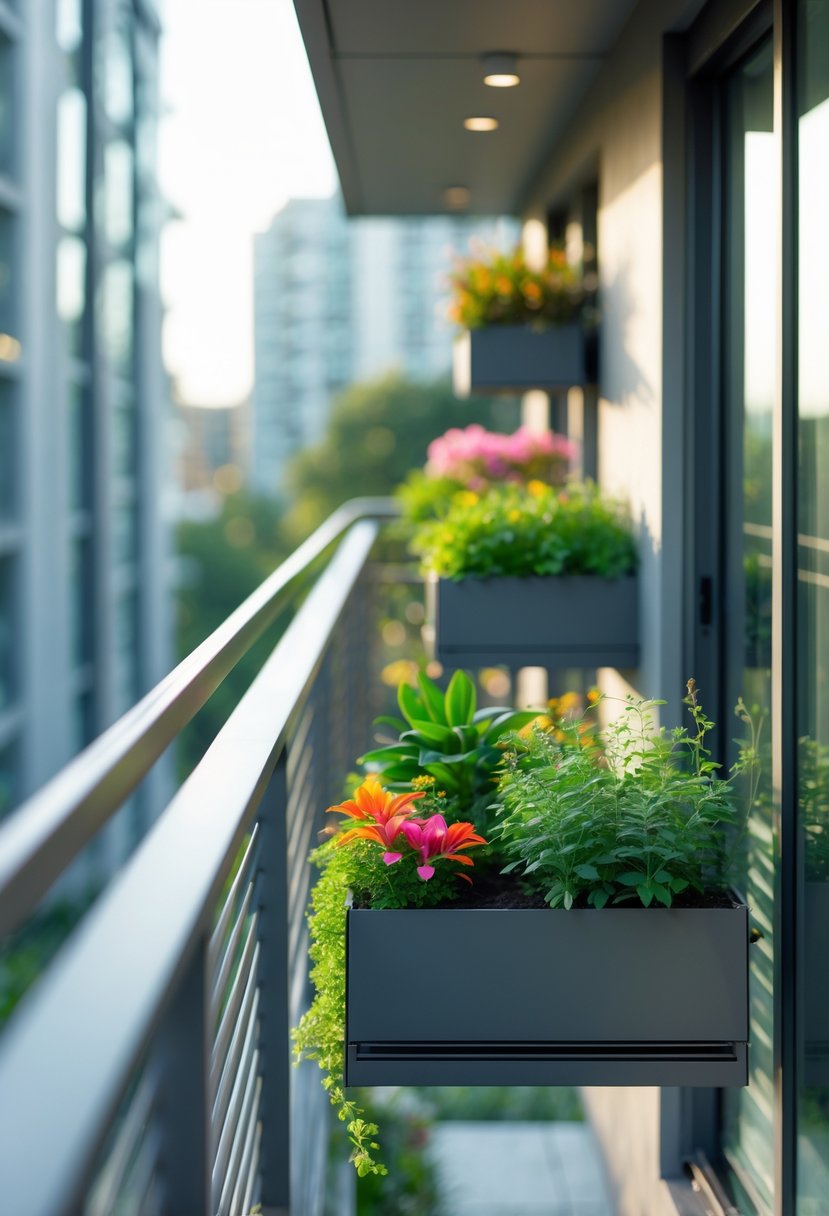 A balcony railing with built-in planters filled with green plants and flowers.