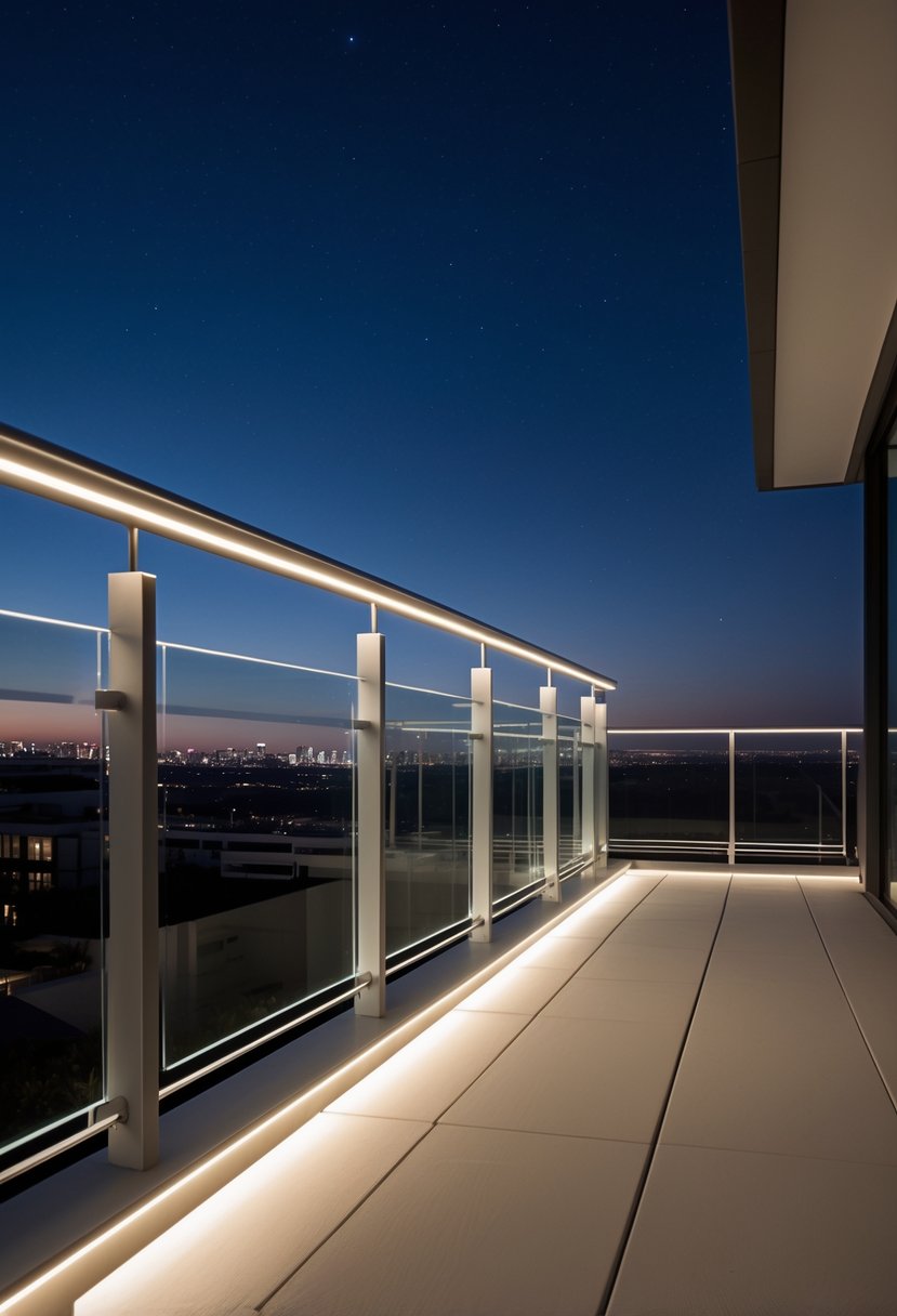 A nighttime view of a balcony with fourteen LED-lit railings glowing softly against a dark sky and city skyline.